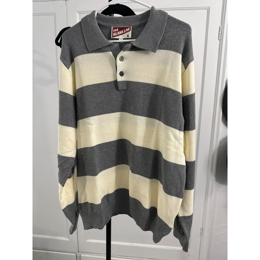The Blank Lab Striped Polo Sweater Long Sleeve Knit Organic‎ Cotton Mens L